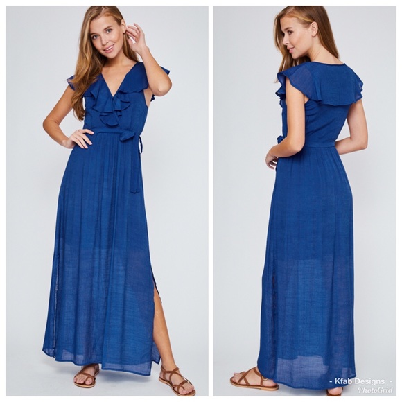 ❤️LAST 1! Royal Blue Ruffled Neckline Maxi Dress - Picture 2 of 6
